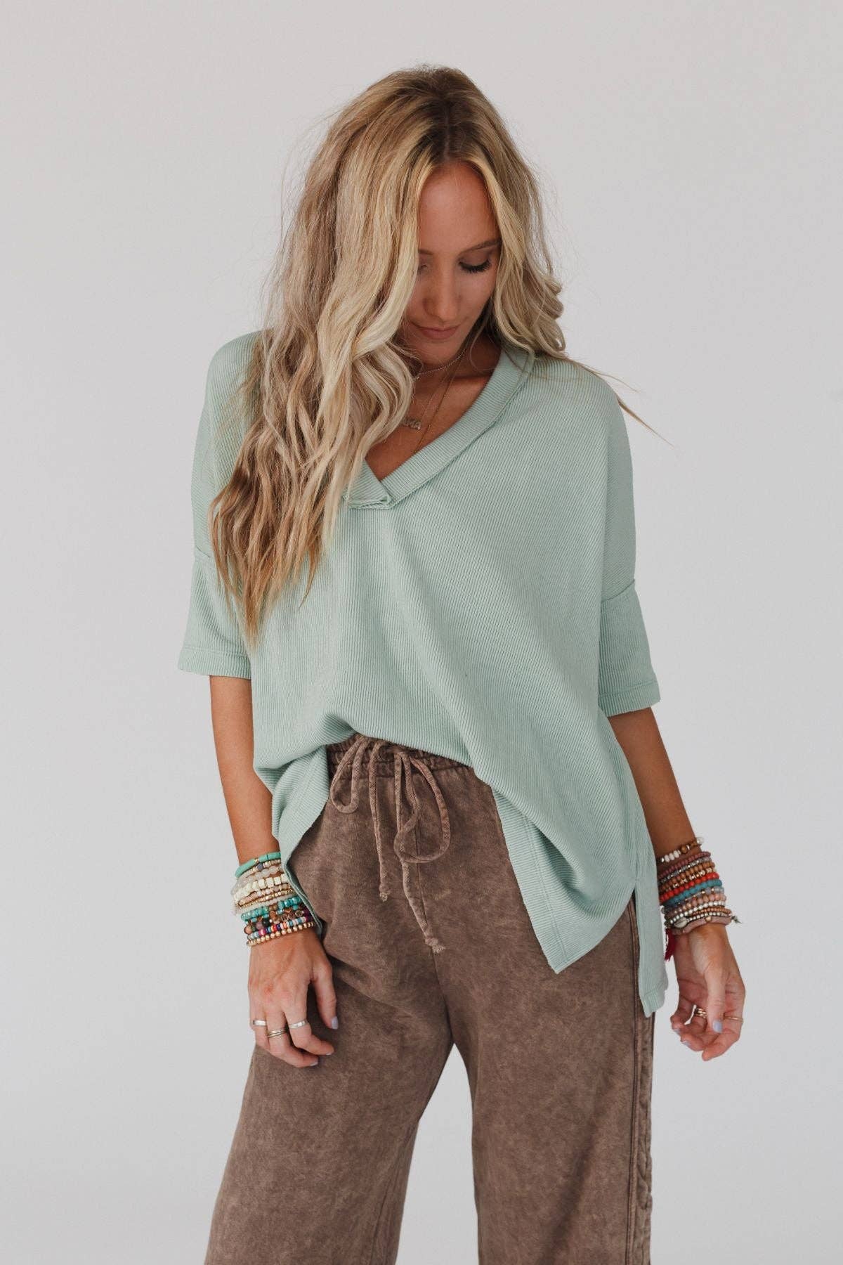 On The Go V Neck Ribbed Essential Tee - Sage