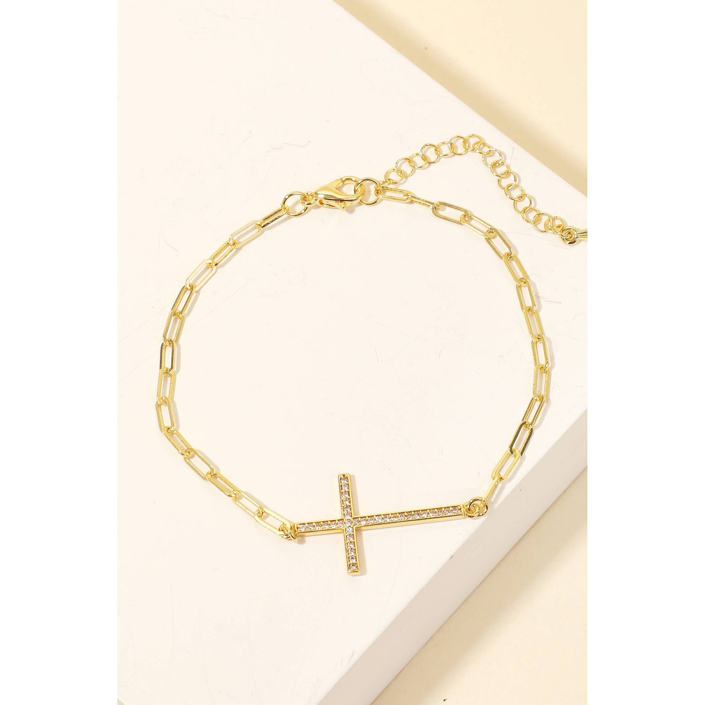 Gold Dipped Pave Cross Charm Chain Bracelet