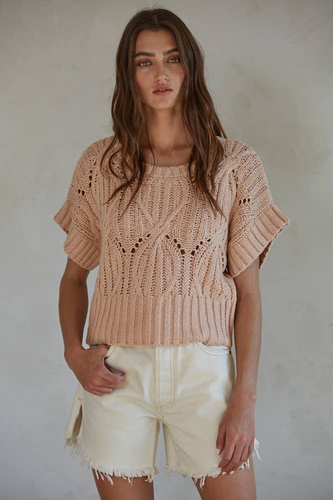 W1124 | Knit Sweater Crochet Round Neck Short Sleeve Top