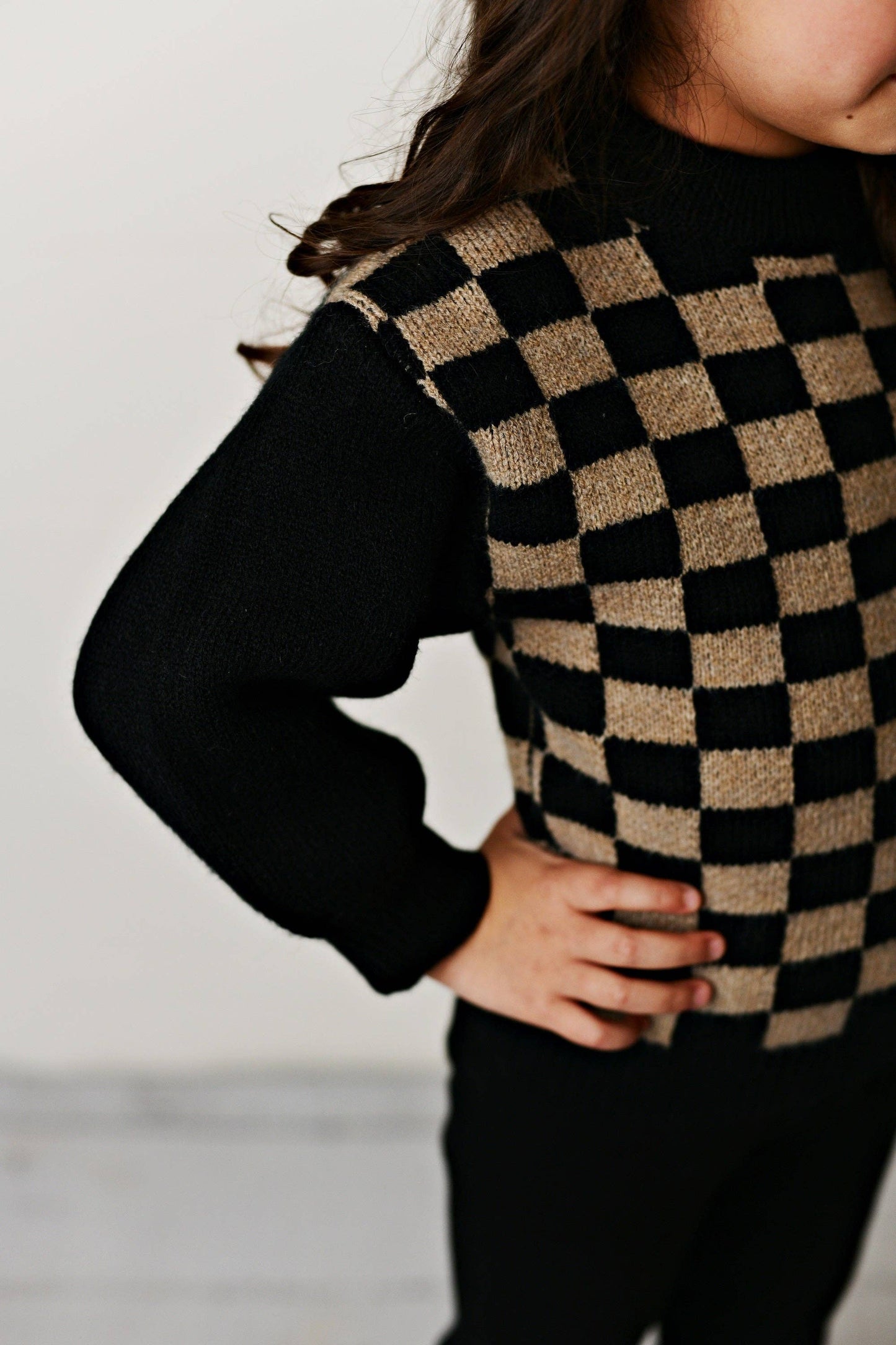 Kids Black Brown Checkered Crew Neck Fall Winter Sweater: 10/12