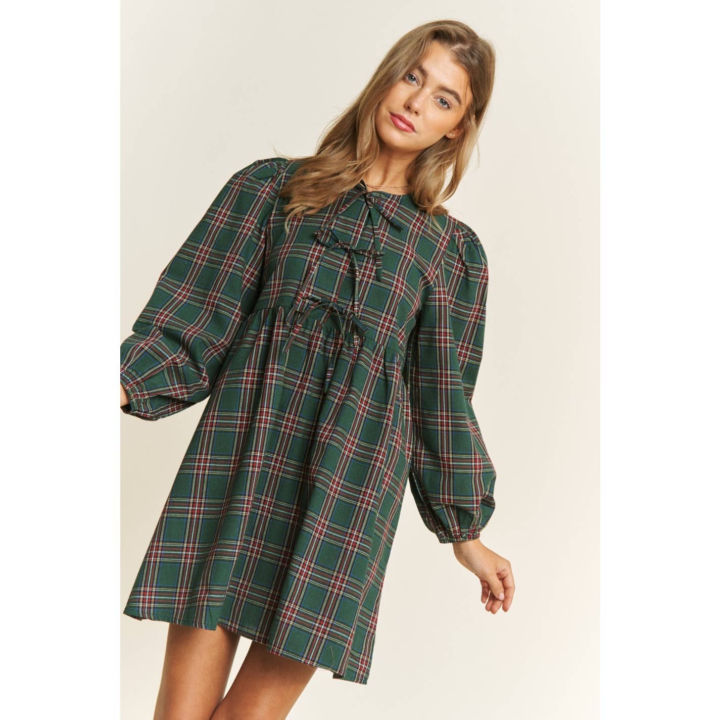 SOFT PLAID WOVEN FABRIC BABYDOLL BOW MINI DRESS