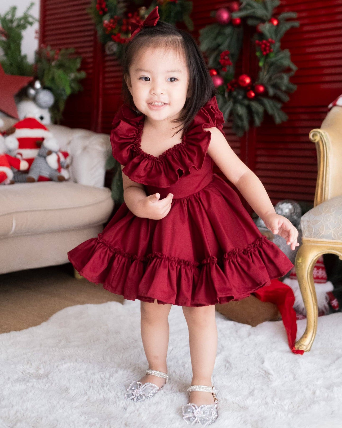 Handmade Ruffle Sleeves Dress - Maroon