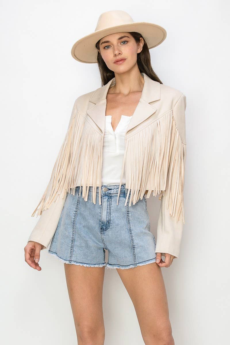 PETITE BOHO FRINGED FAUX SUEDE MOTO JACKET -CREAM