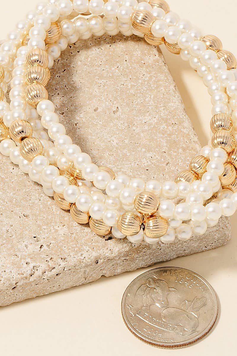 Metallic Accent Beads Layererd Pearl Beaded Bracelet Set