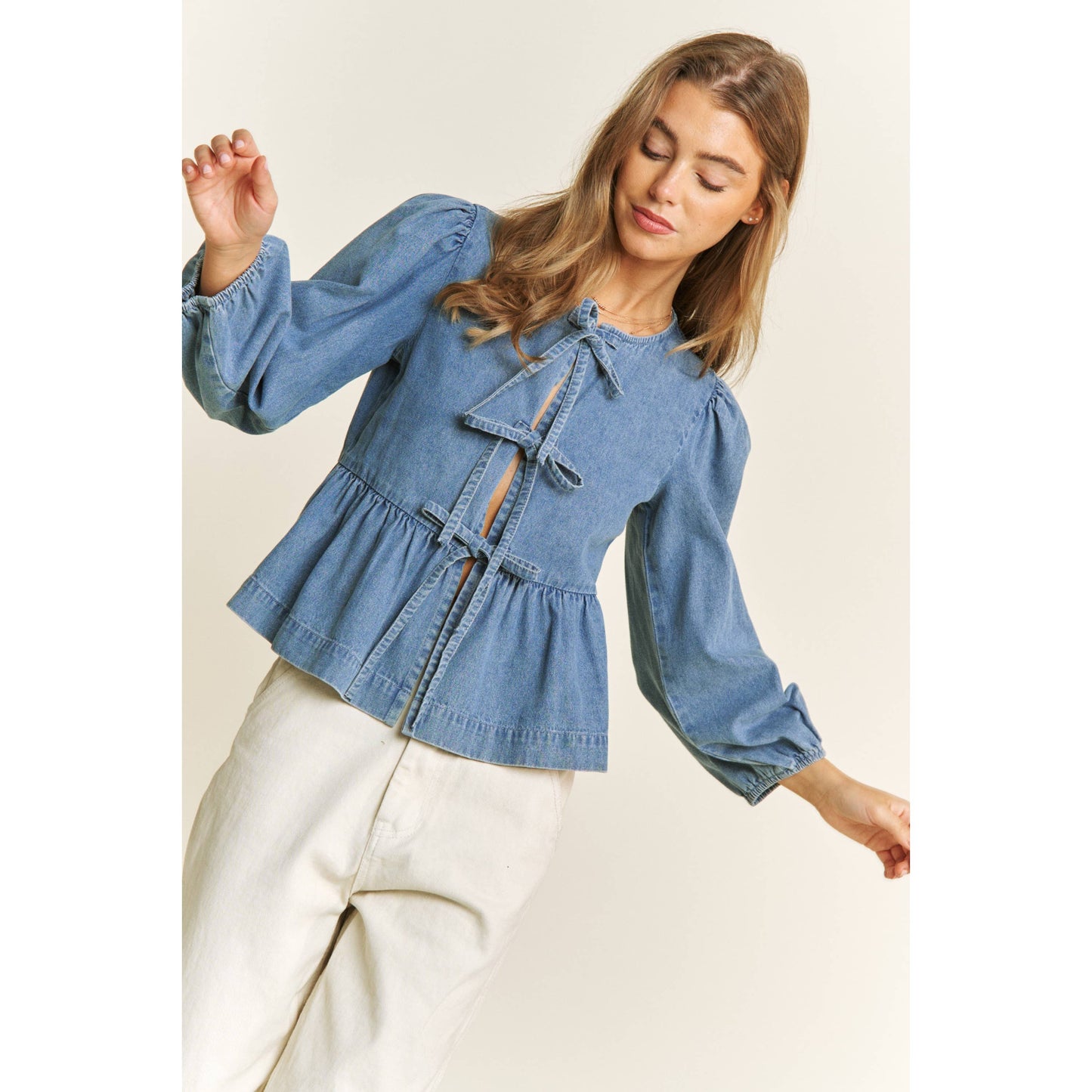 DENIM WASH OPEN FRONT LONG SLEEVE BABYDOLL TOP BLOUSE WITH B