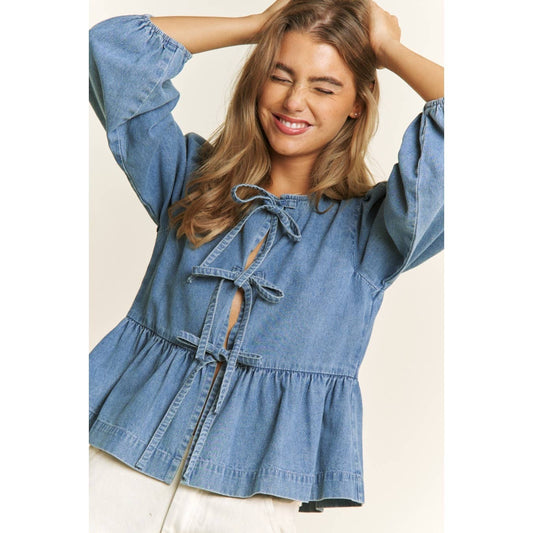 DENIM WASH OPEN FRONT LONG SLEEVE BABYDOLL TOP BLOUSE WITH B