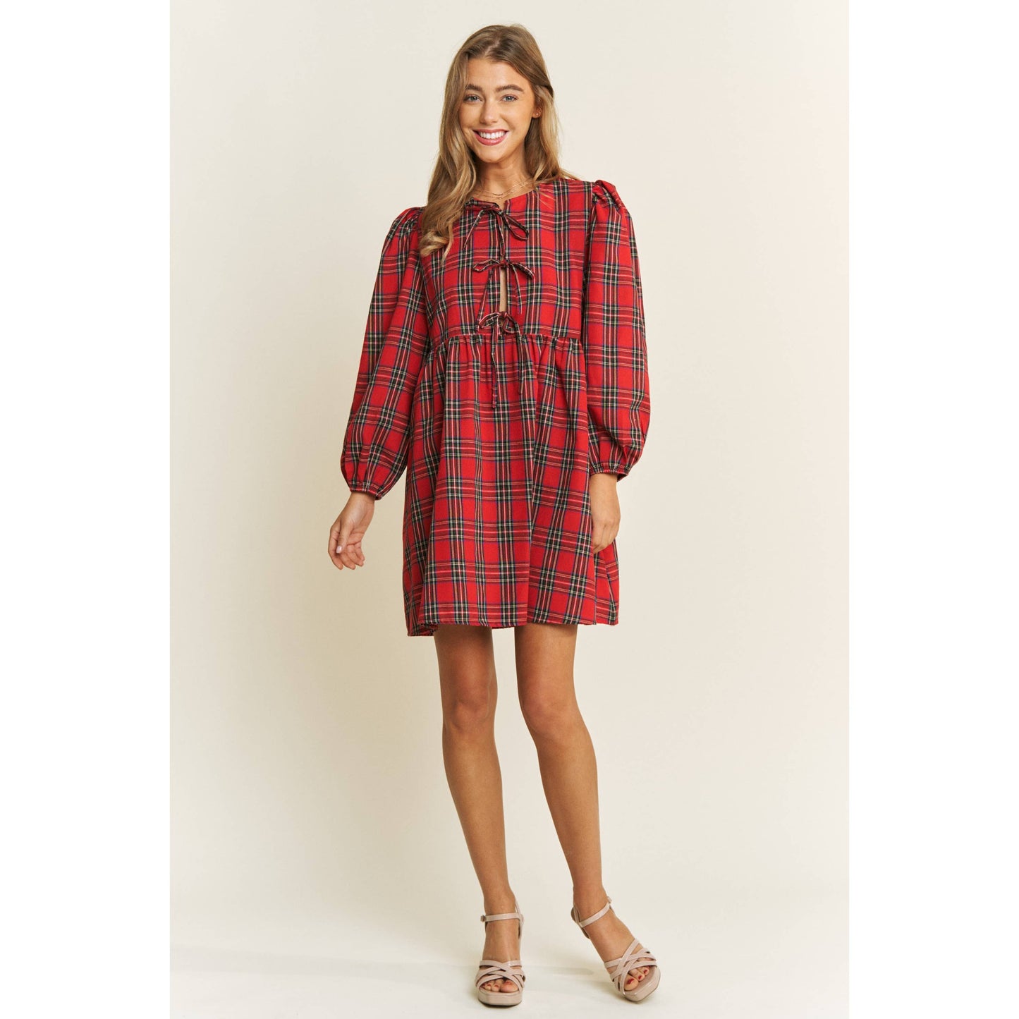 SOFT PLAID WOVEN FABRIC BABYDOLL BOW MINI DRESS