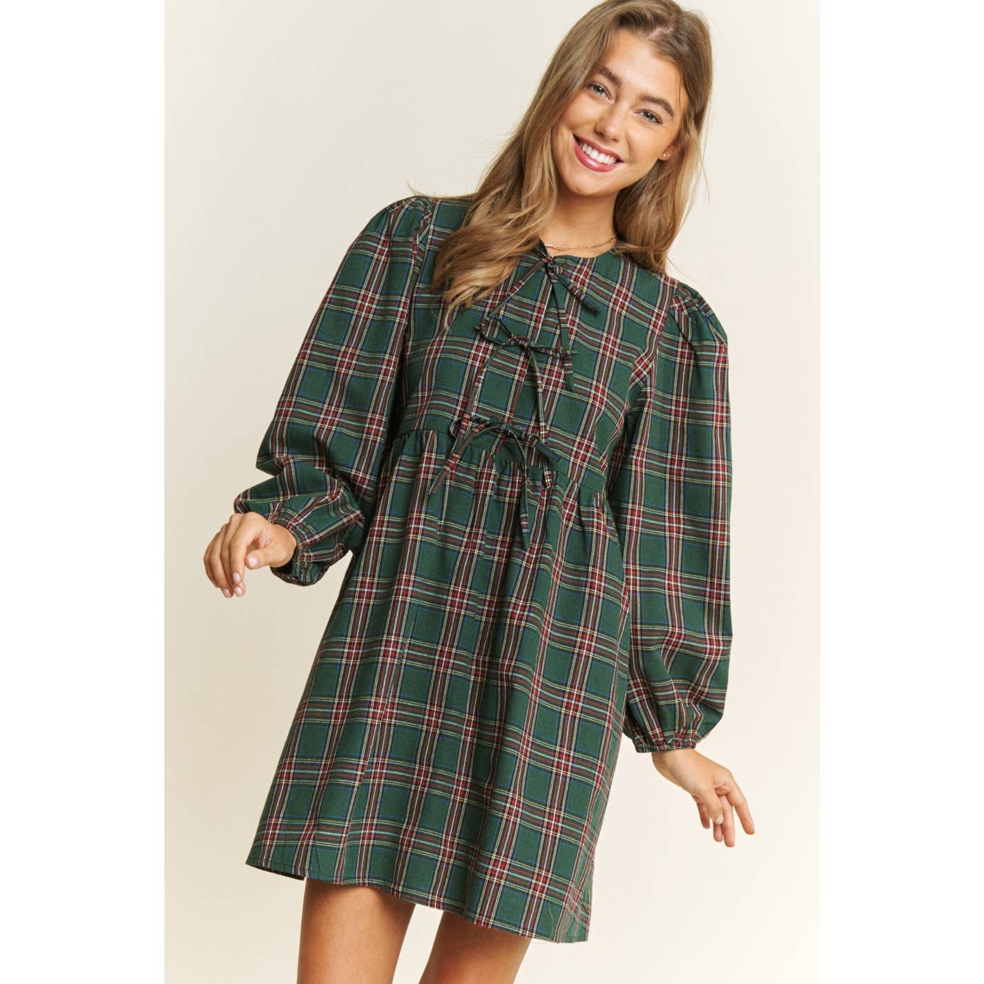 SOFT PLAID WOVEN FABRIC BABYDOLL BOW MINI DRESS