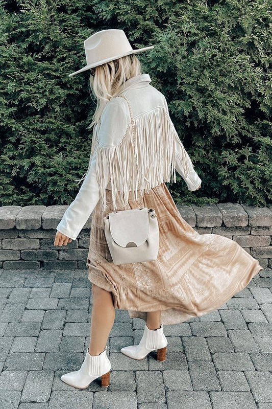 PETITE BOHO FRINGED FAUX SUEDE MOTO JACKET -CREAM