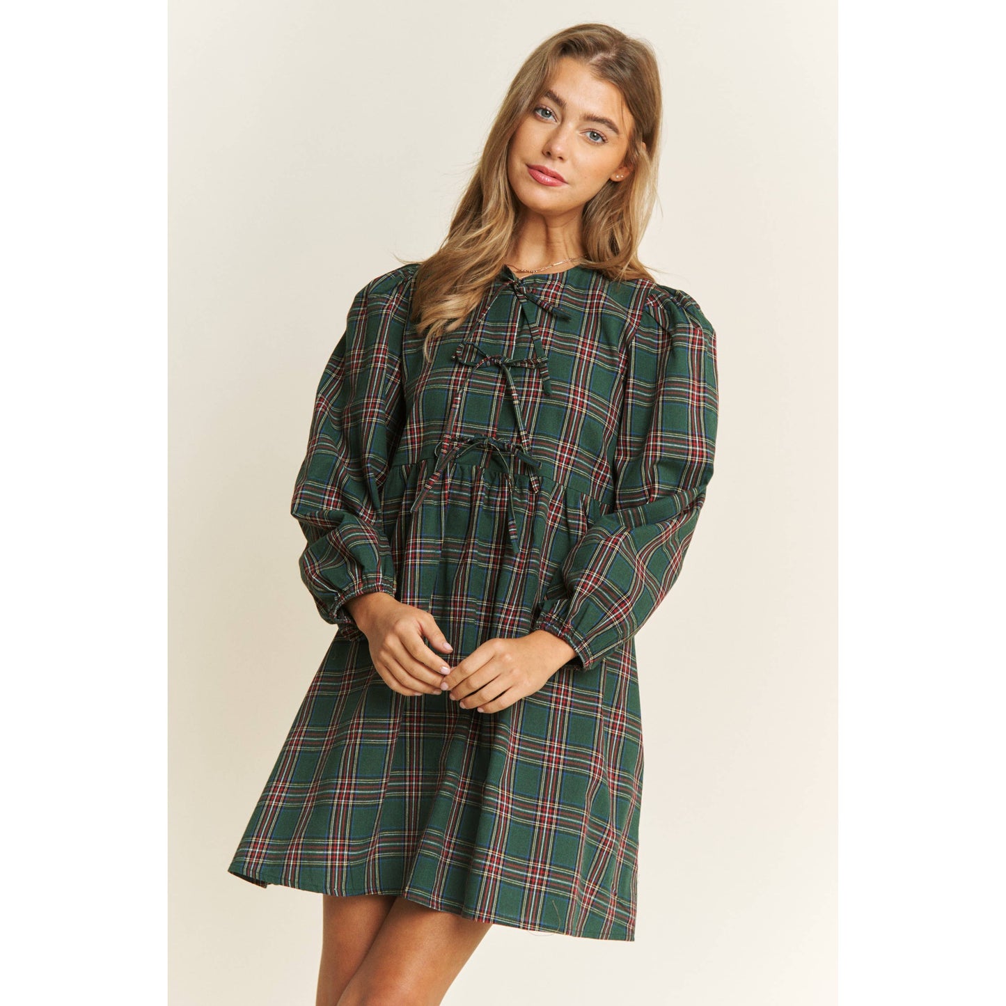 SOFT PLAID WOVEN FABRIC BABYDOLL BOW MINI DRESS