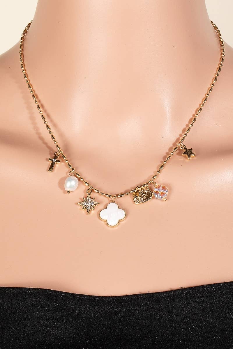 Clover And Pearl Shell Charms Chain Necklace