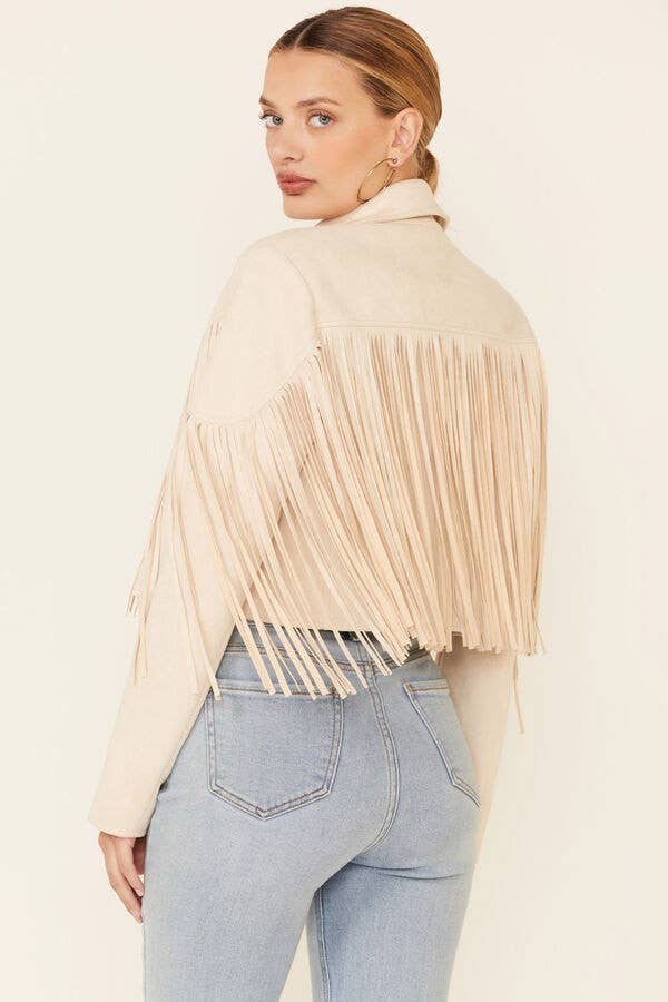 PETITE BOHO FRINGED FAUX SUEDE MOTO JACKET -CREAM