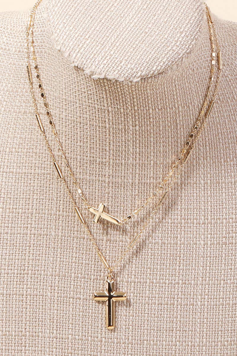 Double Cross Charm Layered Necklace