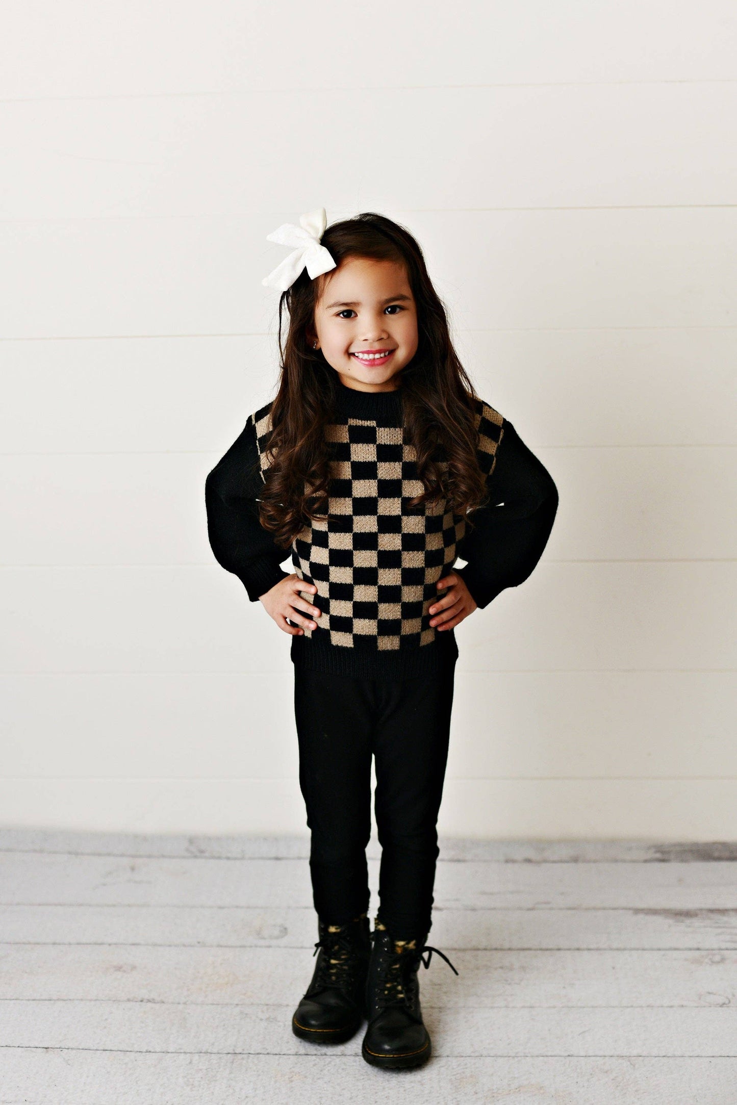 Kids Black Brown Checkered Crew Neck Fall Winter Sweater: 10/12