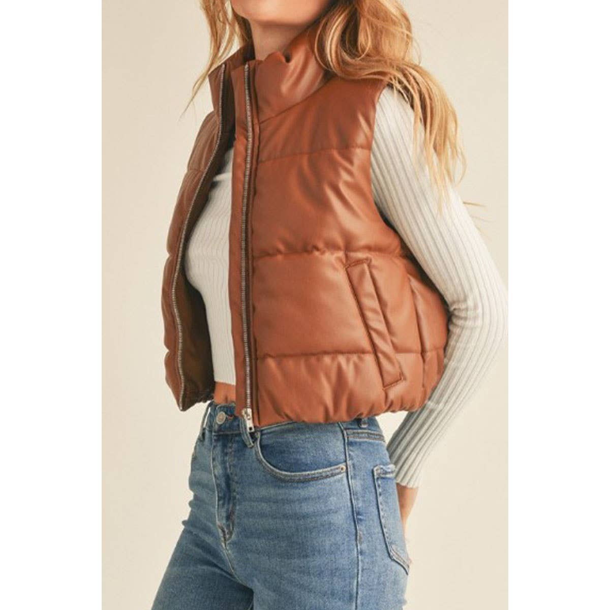 FAUX LEATHER HIGH NECK ZIP UP PUFFER VEST