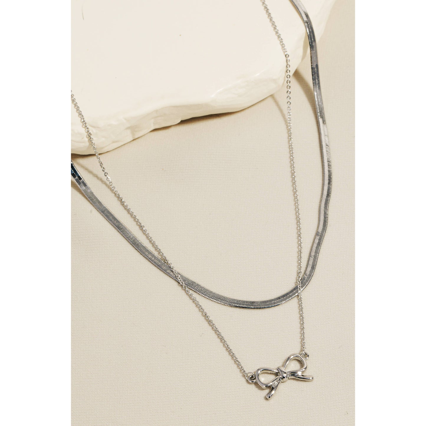 Snake Chain Layered Ribbon Bow Pendant Necklace