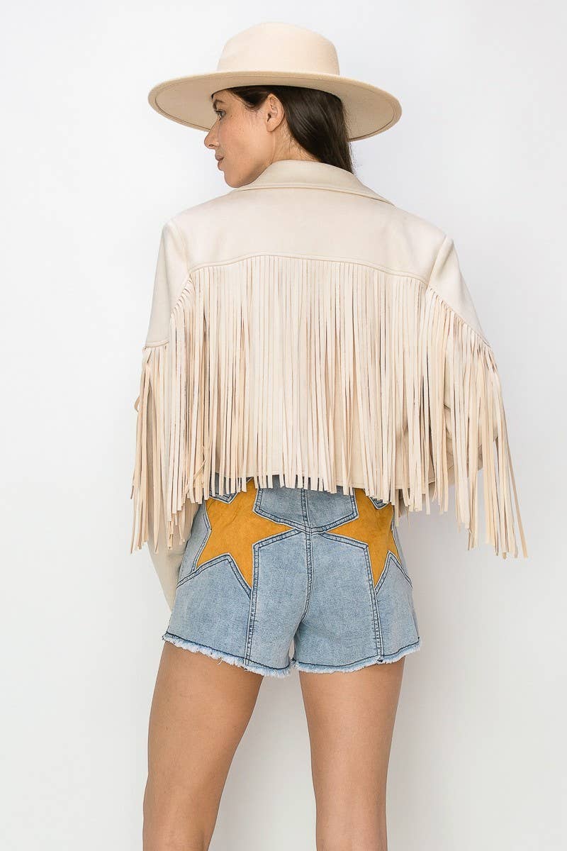 PETITE BOHO FRINGED FAUX SUEDE MOTO JACKET -CREAM