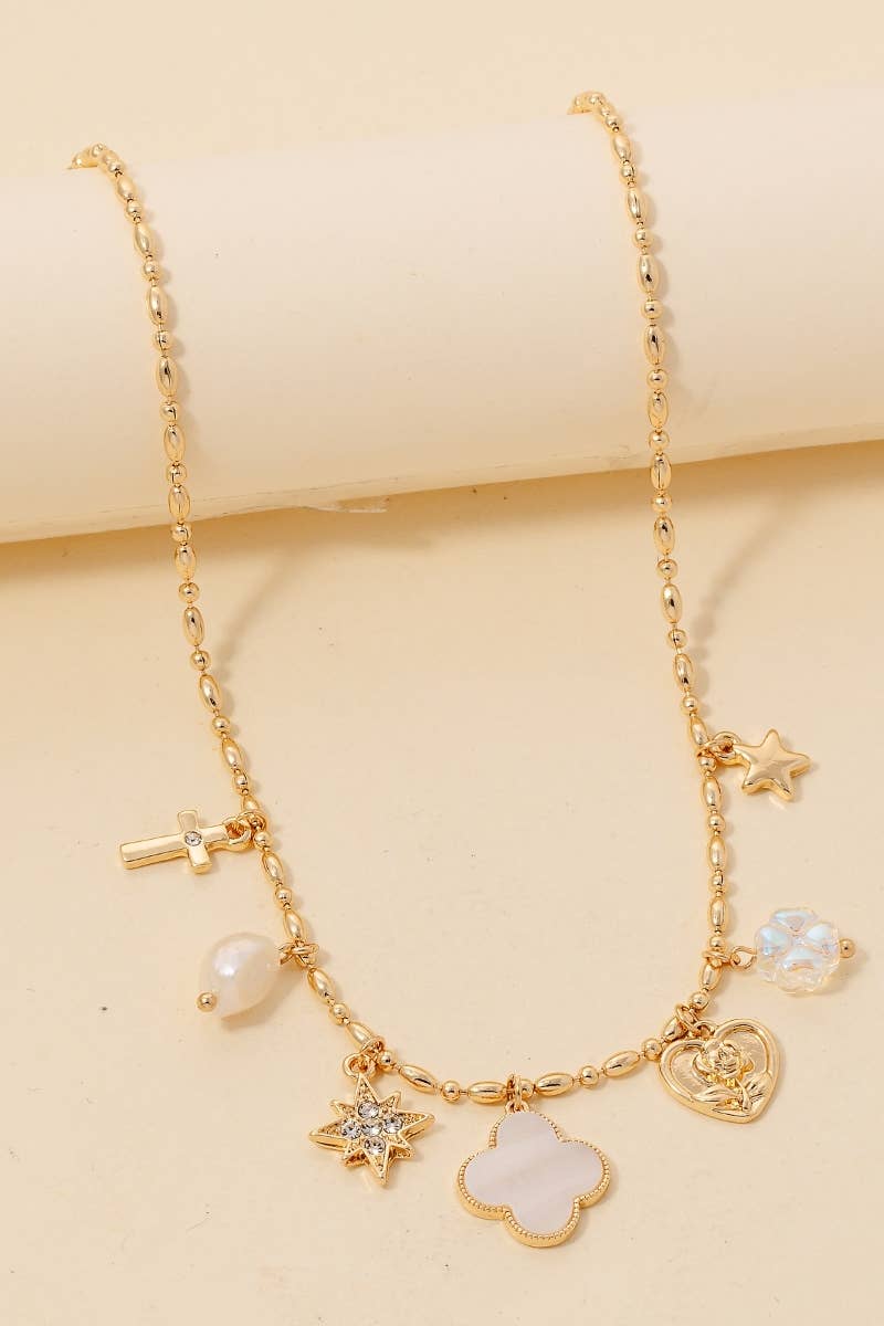 Clover And Pearl Shell Charms Chain Necklace