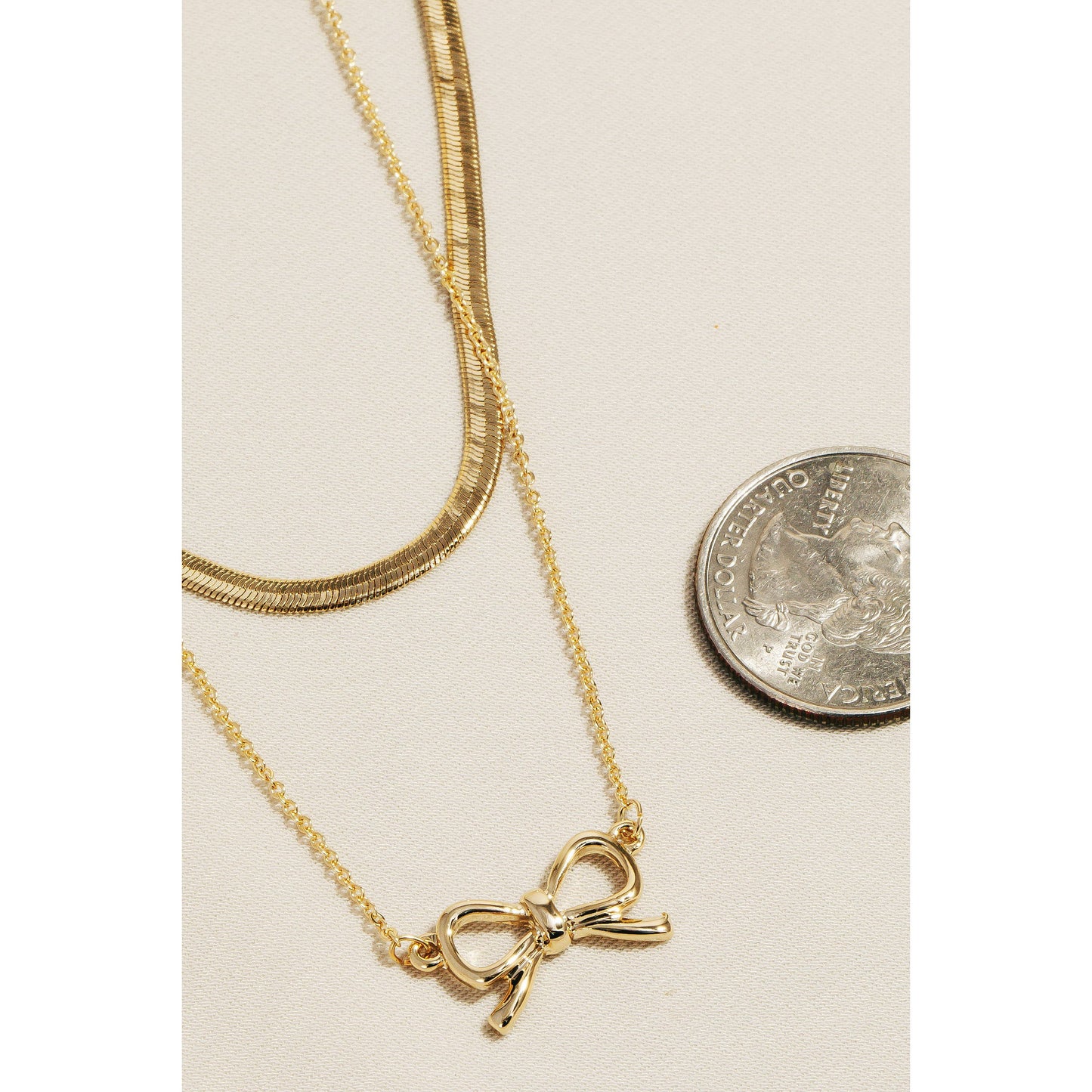 Snake Chain Layered Ribbon Bow Pendant Necklace