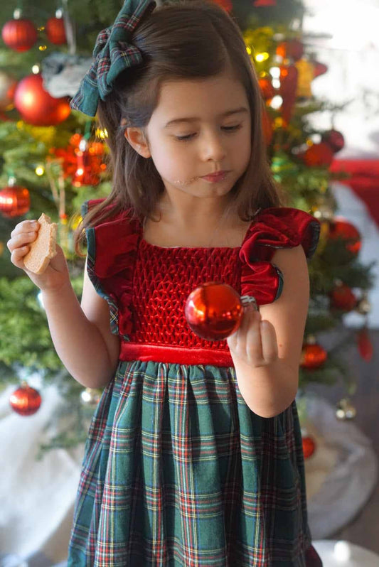 Ruffle Strap Smocked Dress in Red Velvet and Green Plaid