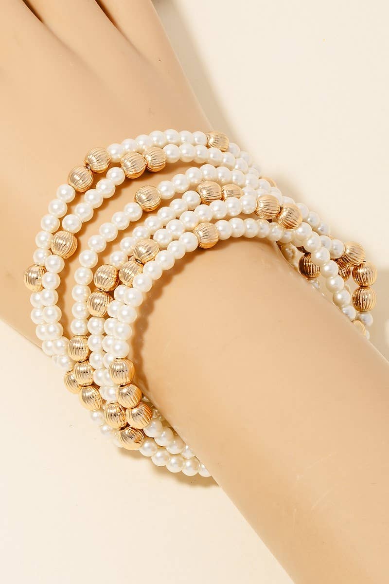 Metallic Accent Beads Layererd Pearl Beaded Bracelet Set