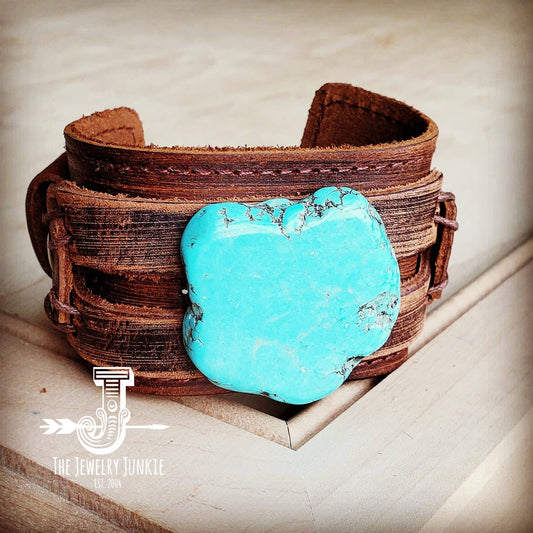 Blue Turquoise Slab on Dusty Leather Cuff Bracelet