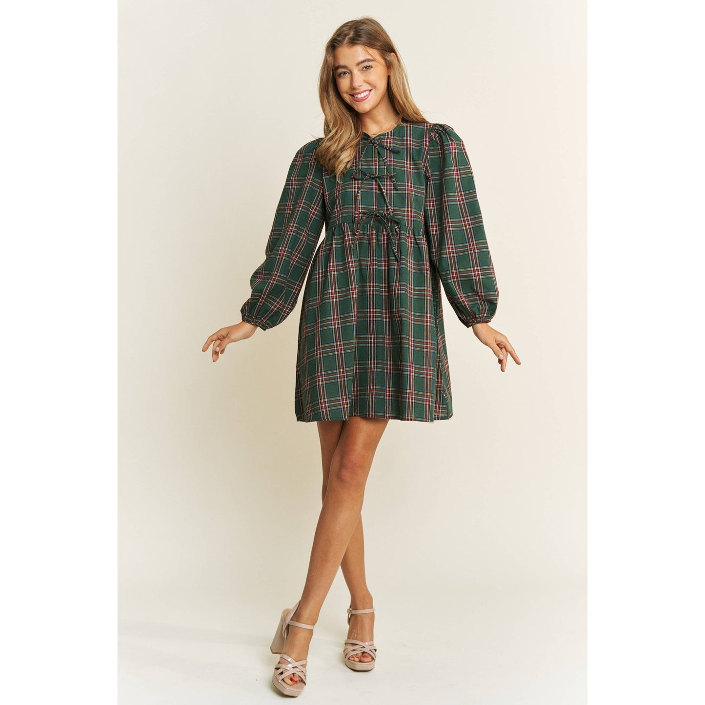 SOFT PLAID WOVEN FABRIC BABYDOLL BOW MINI DRESS