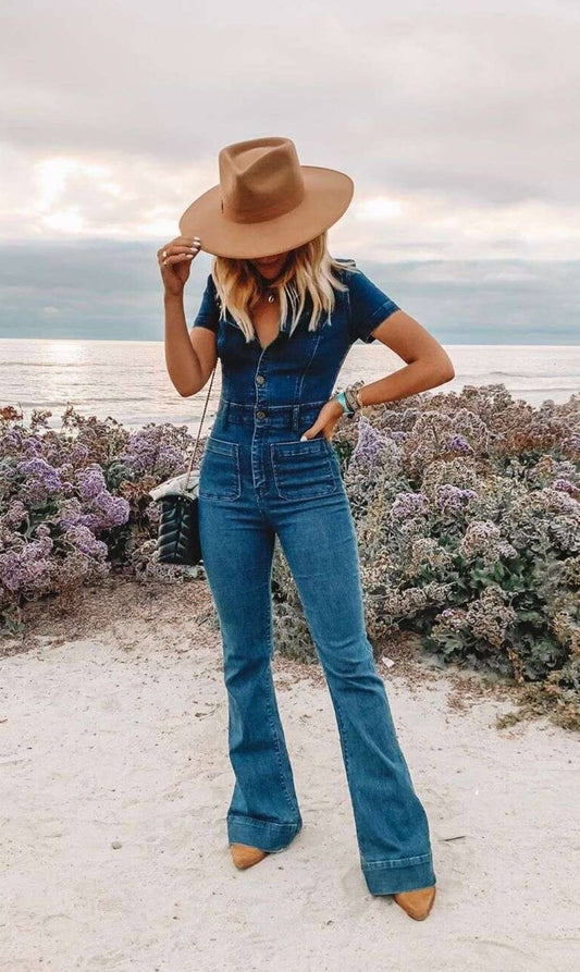 BELLBOTTOM DENIM JUMPSUIT - 4330 MID DENIM