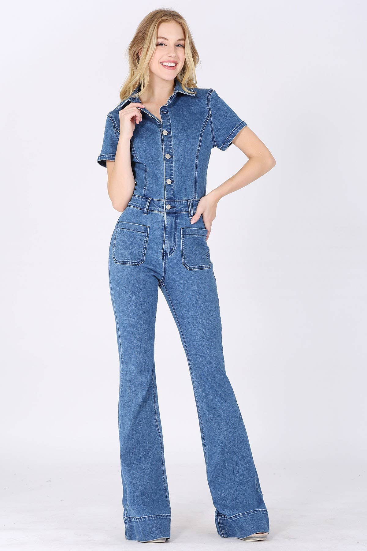 BELLBOTTOM DENIM JUMPSUIT - 4330 MID DENIM