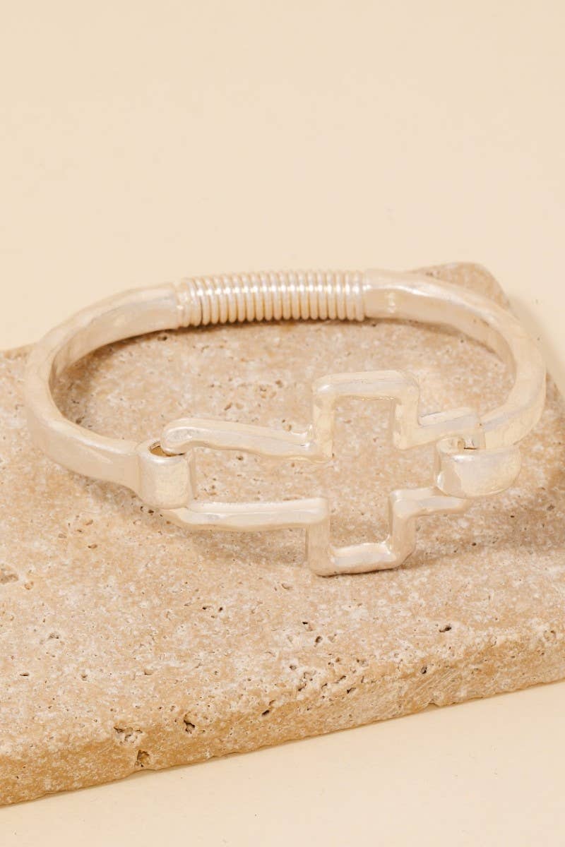 Hammered Cross Coil Spring Hook Bangle Bracelet