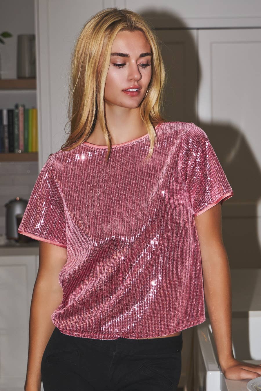 Plus Holiday Sequin Velvet Short Sleeve Basic Top