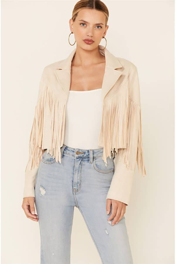 PETITE BOHO FRINGED FAUX SUEDE MOTO JACKET -CREAM