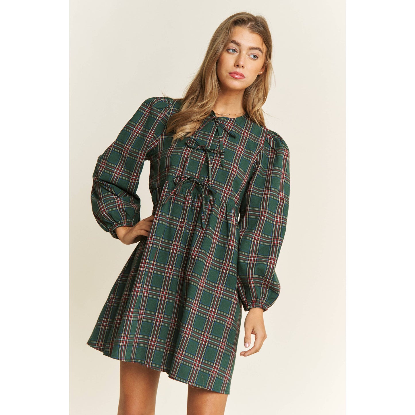 SOFT PLAID WOVEN FABRIC BABYDOLL BOW MINI DRESS