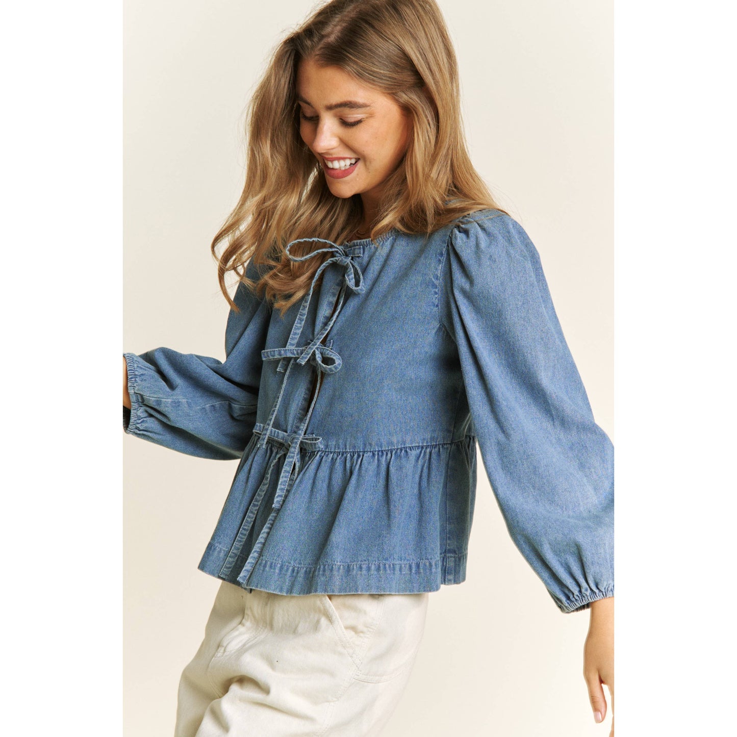 DENIM WASH OPEN FRONT LONG SLEEVE BABYDOLL TOP BLOUSE WITH B