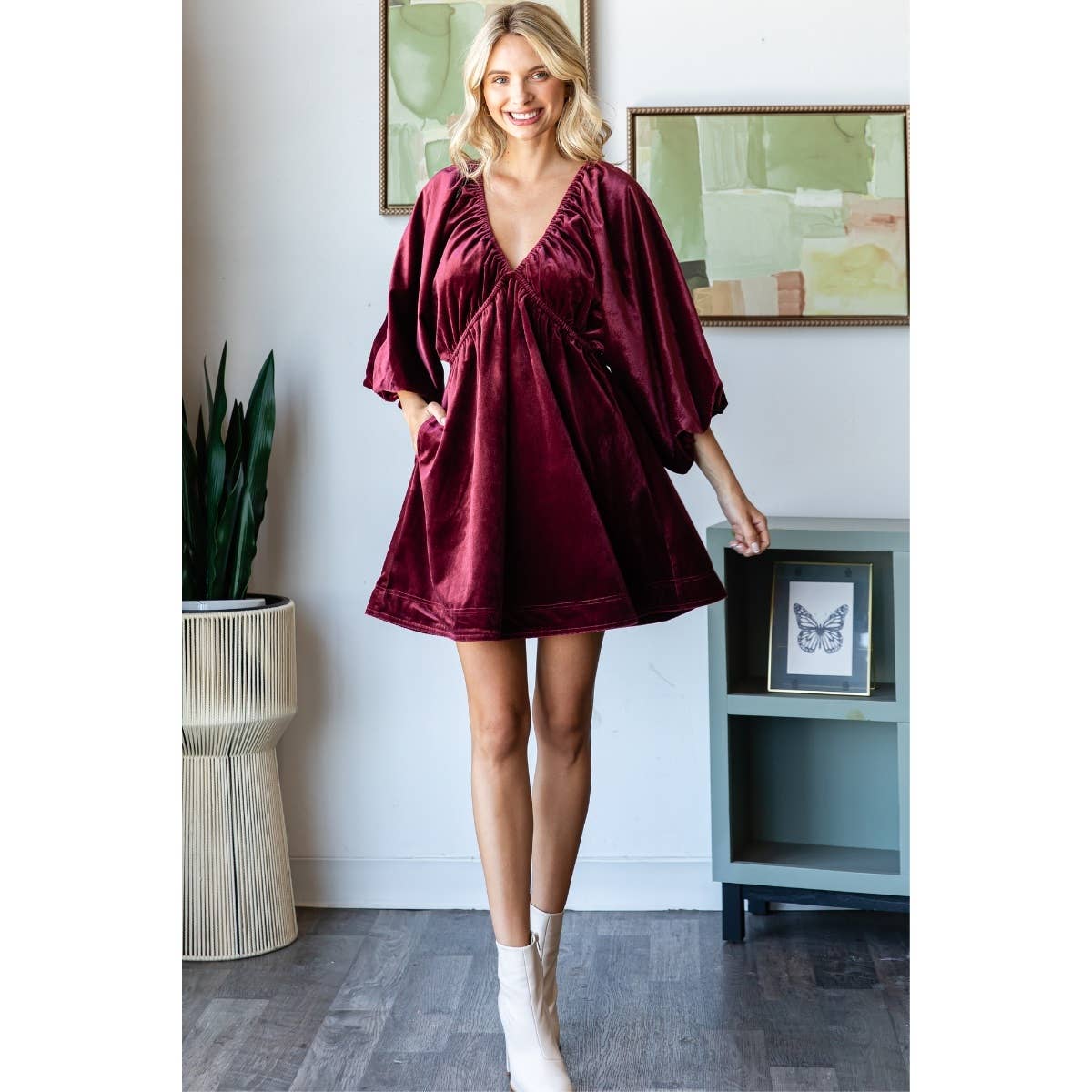 VelvetPuff Sleeve Deep V-neck Short Dress