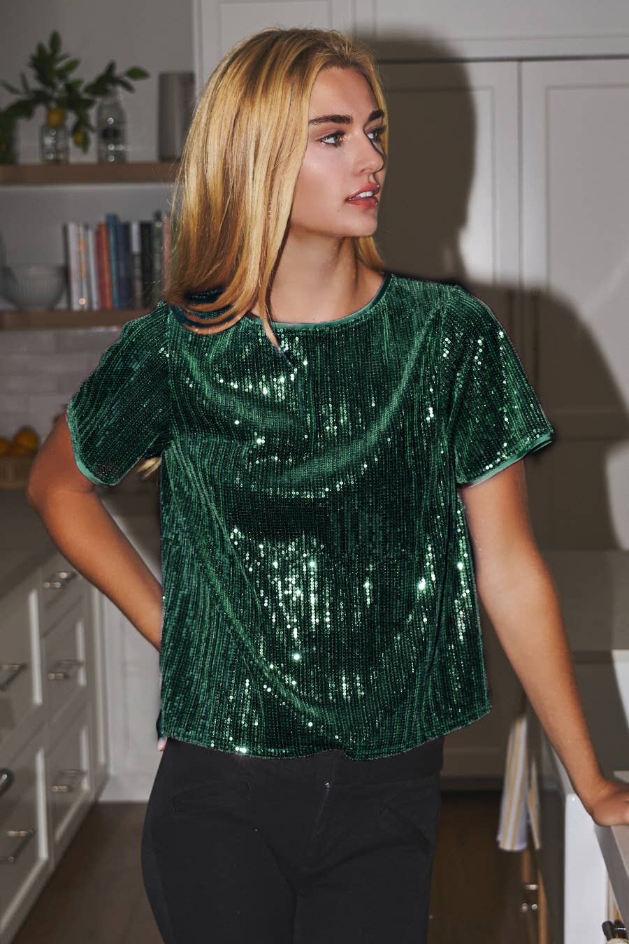 Plus Holiday Sequin Velvet Short Sleeve Basic Top