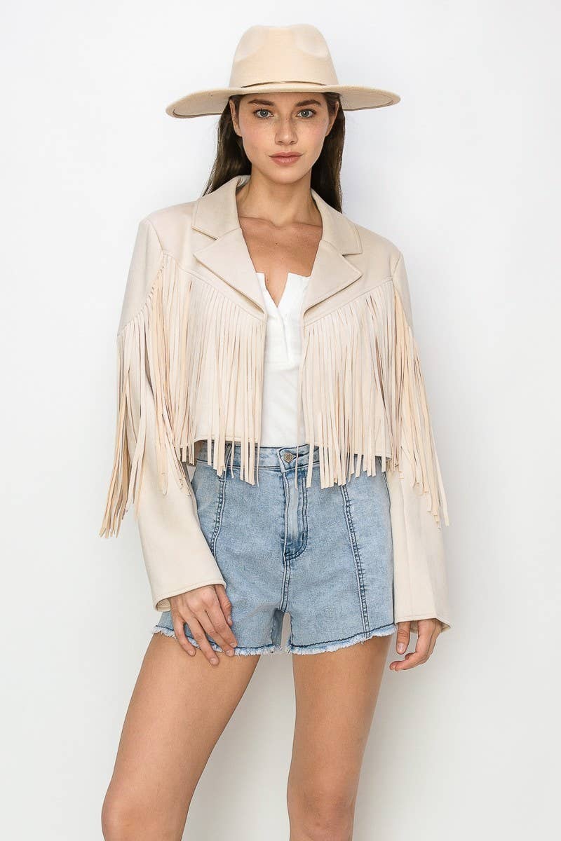 PETITE BOHO FRINGED FAUX SUEDE MOTO JACKET -CREAM