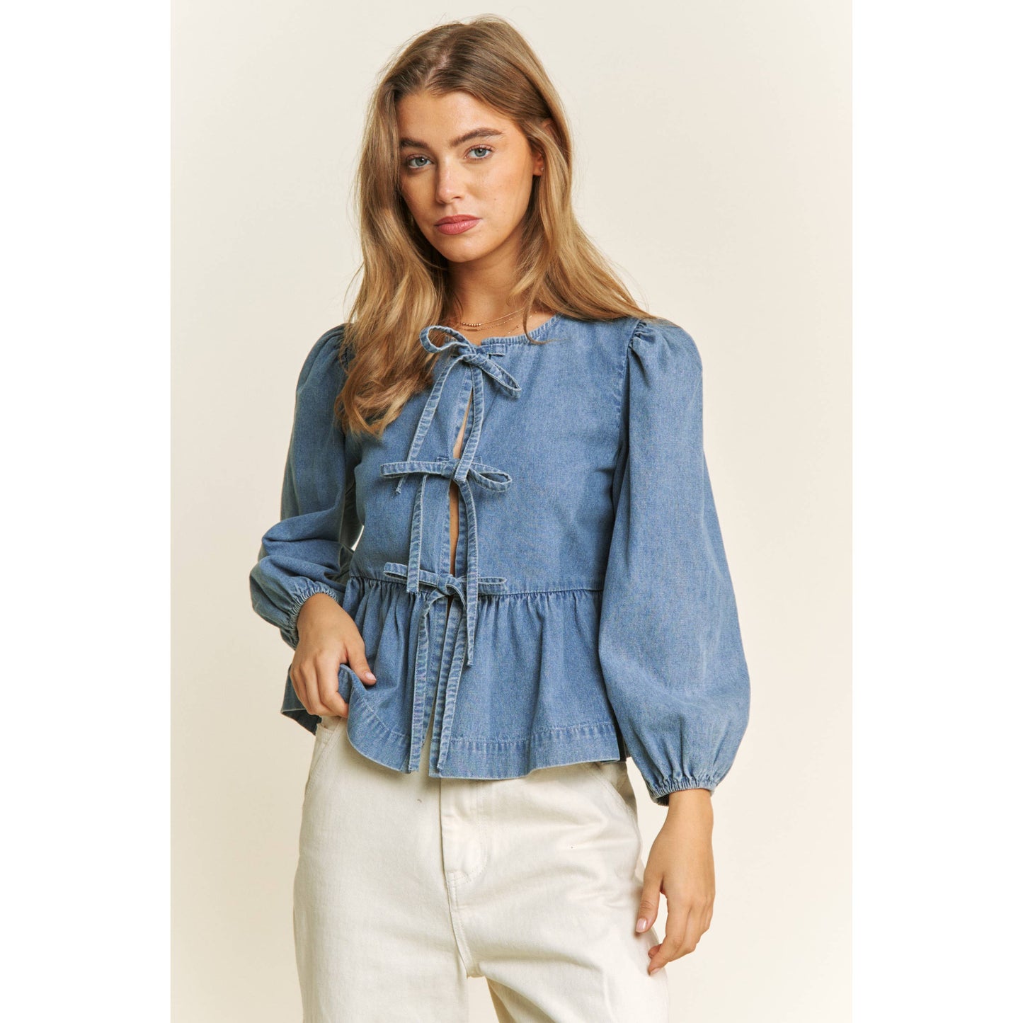 DENIM WASH OPEN FRONT LONG SLEEVE BABYDOLL TOP BLOUSE WITH B