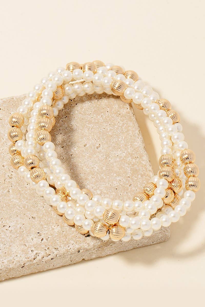 Metallic Accent Beads Layererd Pearl Beaded Bracelet Set