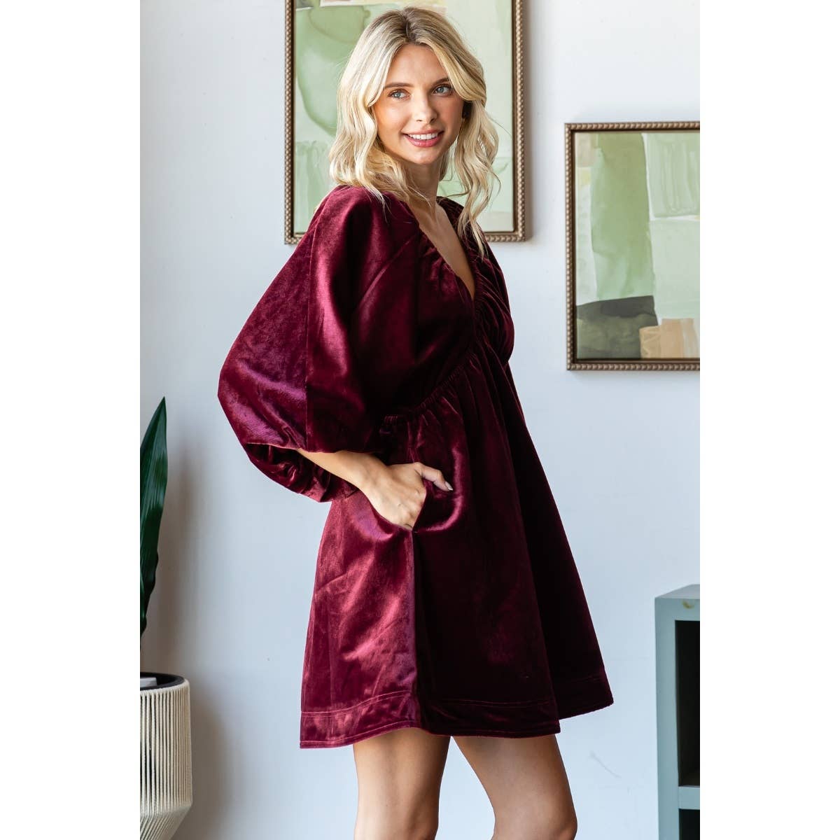 VelvetPuff Sleeve Deep V-neck Short Dress