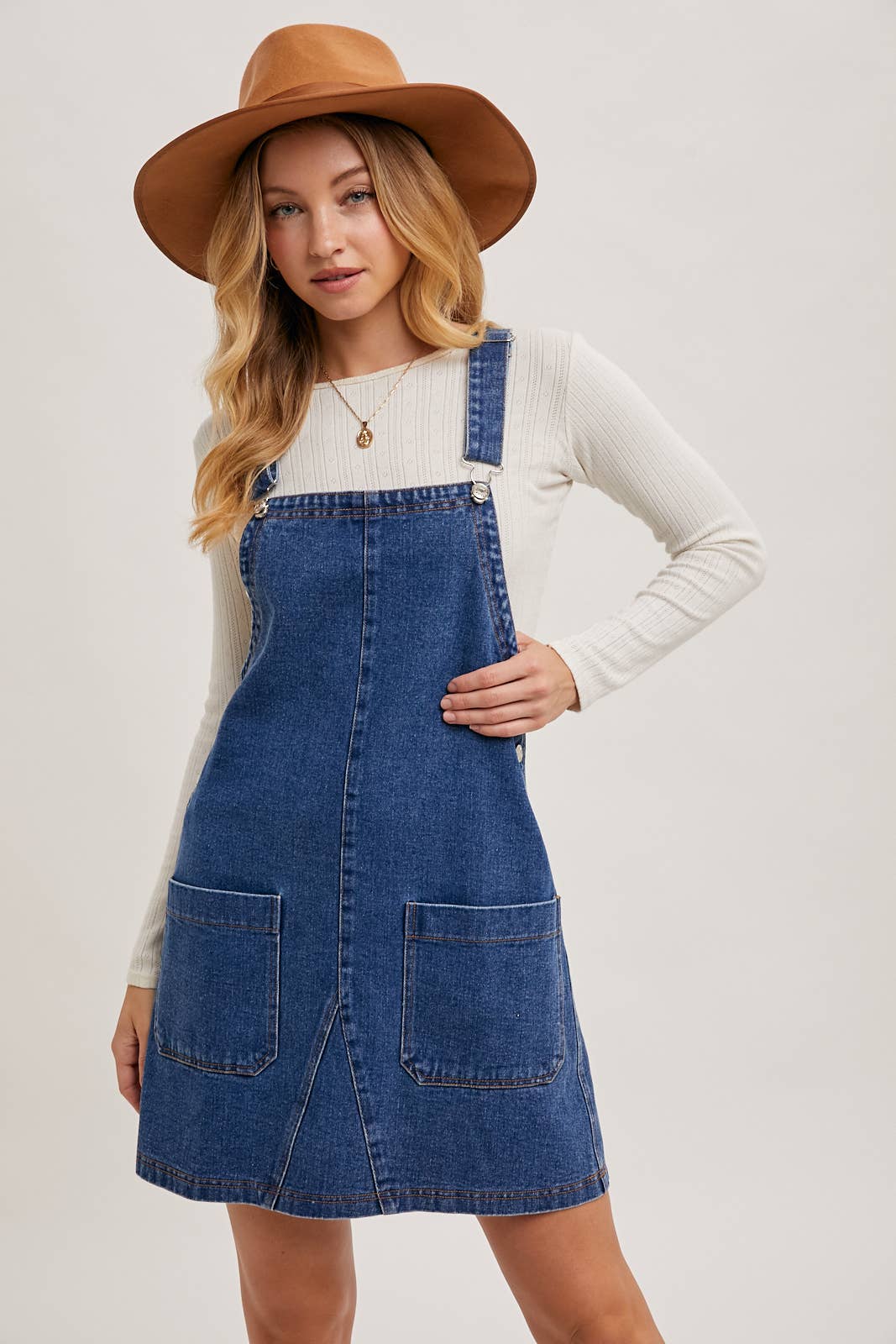 DENIM OVERALL MINI DRESS WITH POCKETS