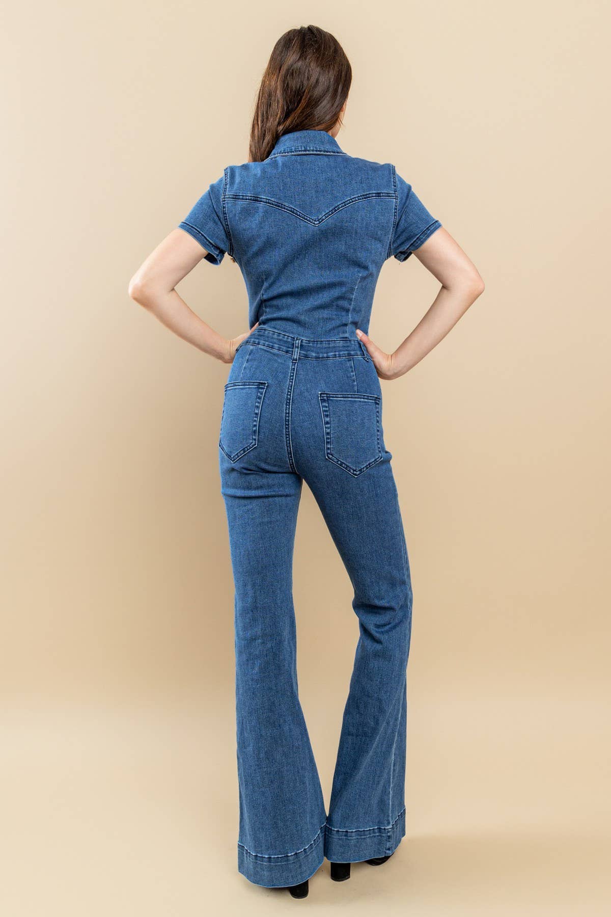 BELLBOTTOM DENIM JUMPSUIT - 4330 MID DENIM