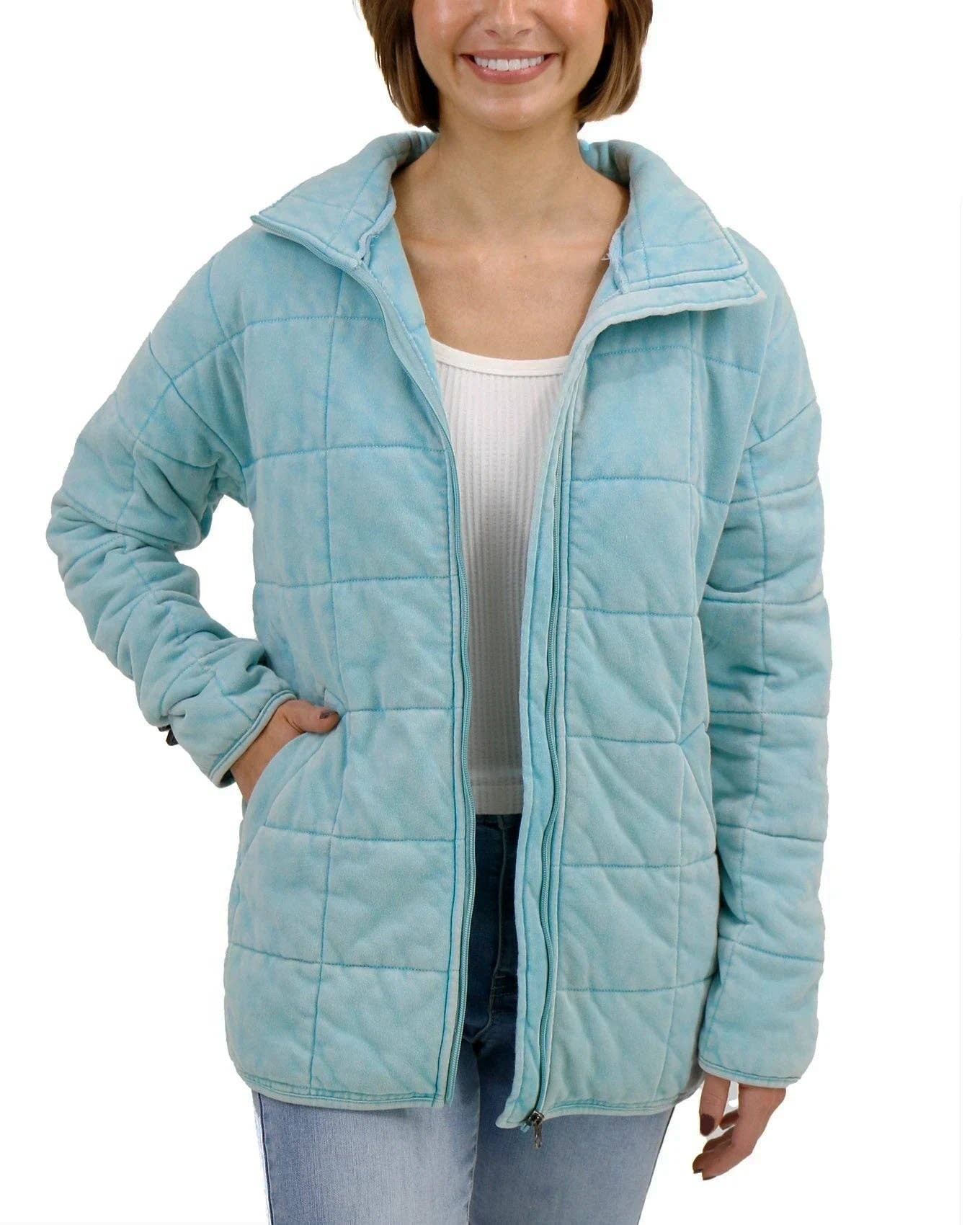 Mineral Washed Quilted Jacket in Icy Blue