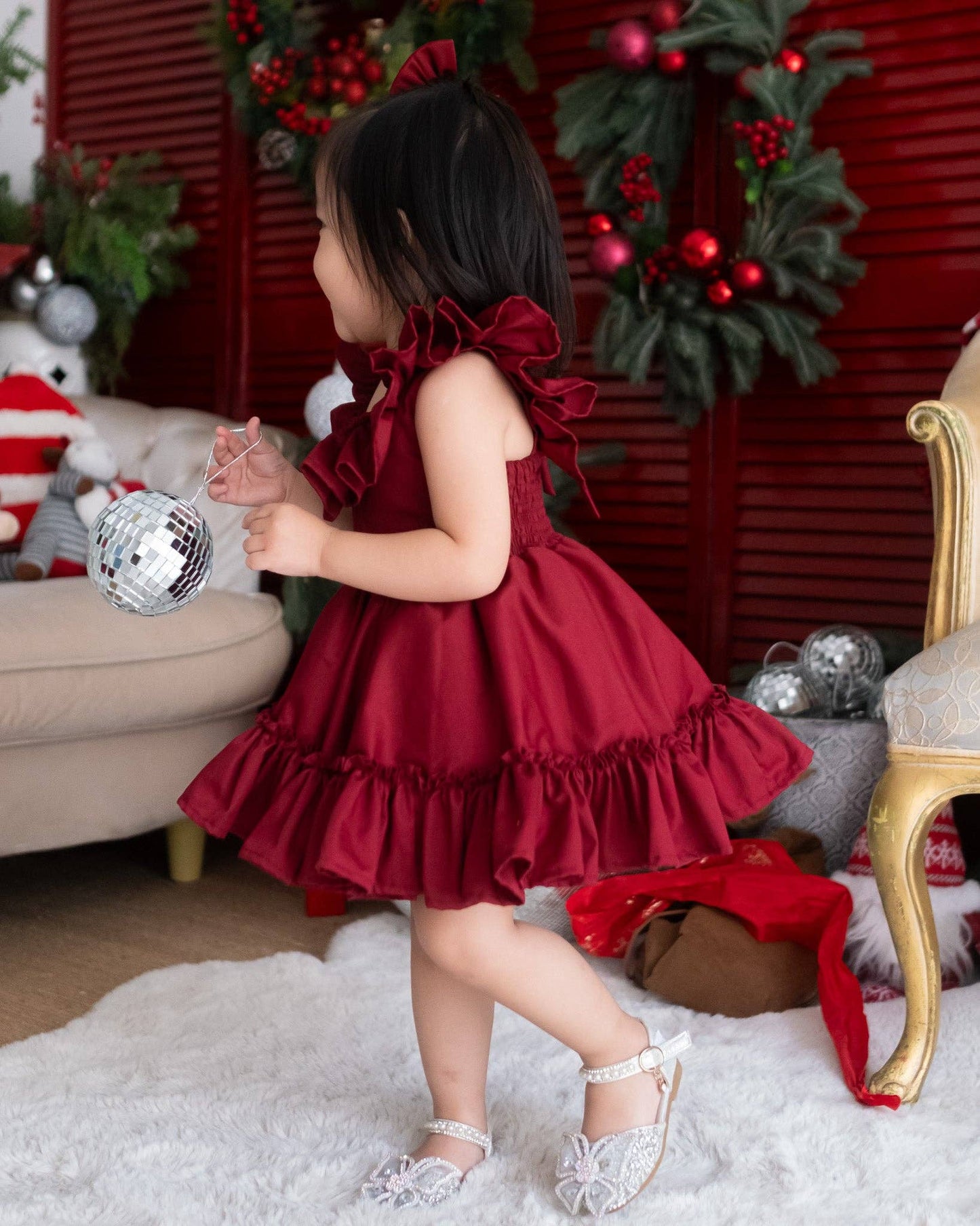 Handmade Ruffle Sleeves Dress - Maroon