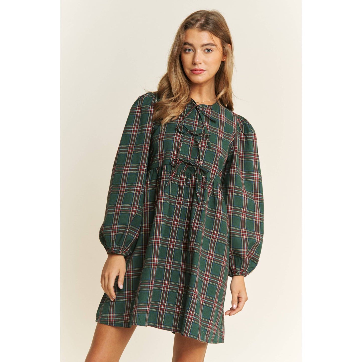 SOFT PLAID WOVEN FABRIC BABYDOLL BOW MINI DRESS