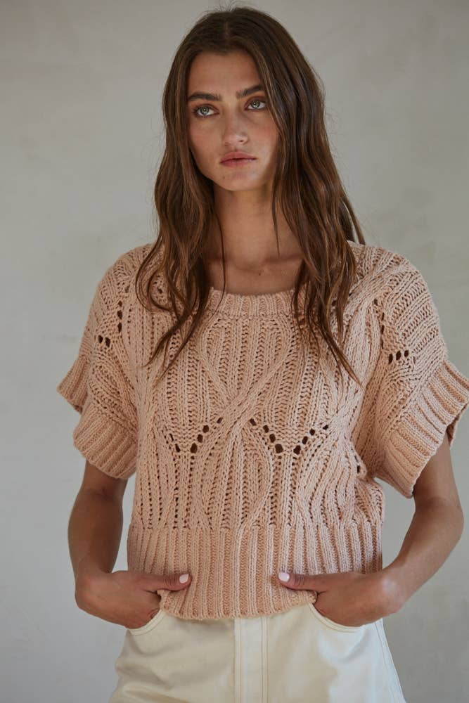 W1124 | Knit Sweater Crochet Round Neck Short Sleeve Top