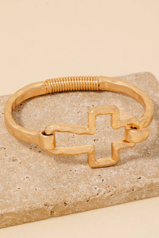 Hammered Cross Coil Spring Hook Bangle Bracelet