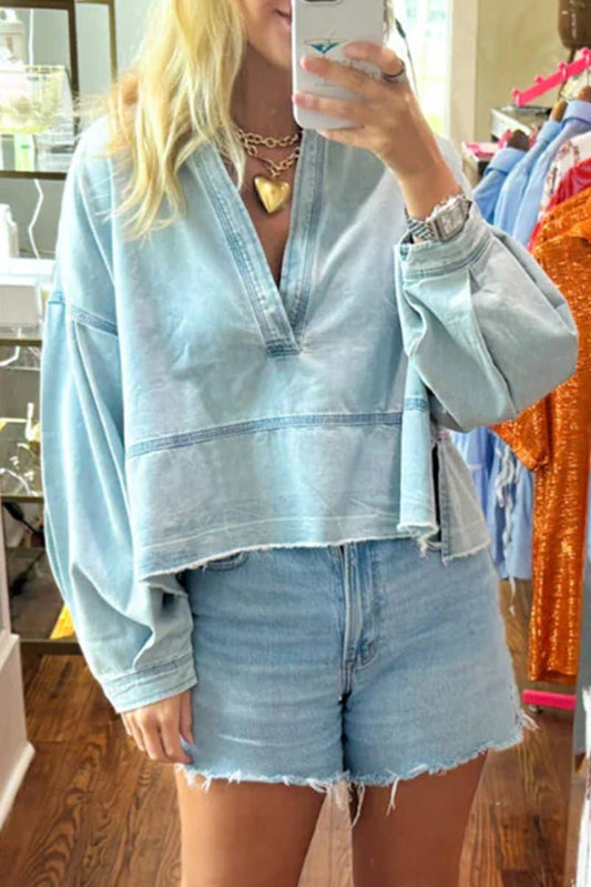 Denim Light Wash Raw Hem Top