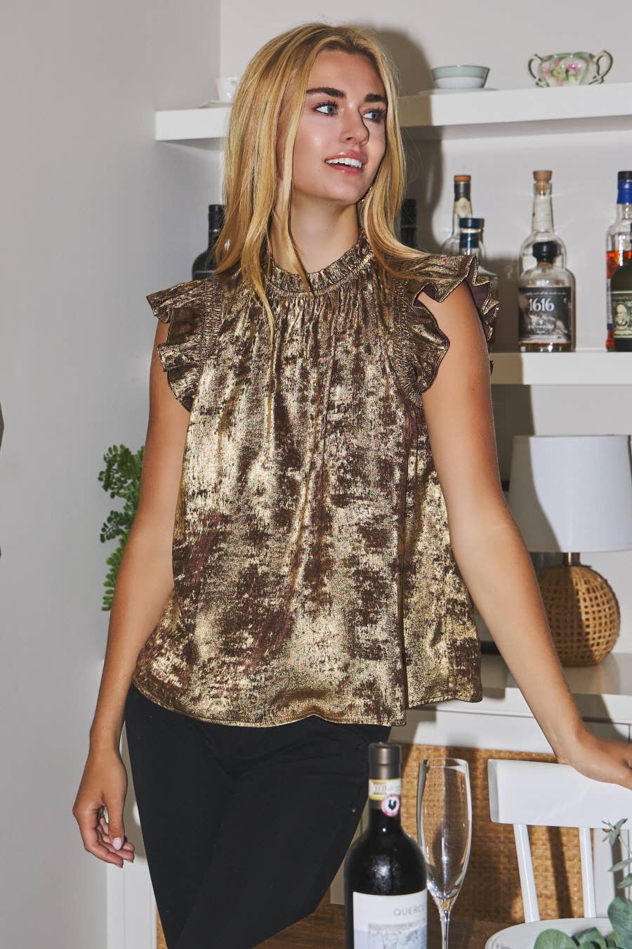 Distressed Foiled Flutter Ruffle Sleeve Top