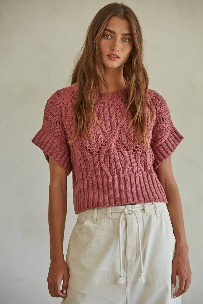 W1124 | Knit Sweater Crochet Round Neck Short Sleeve Top